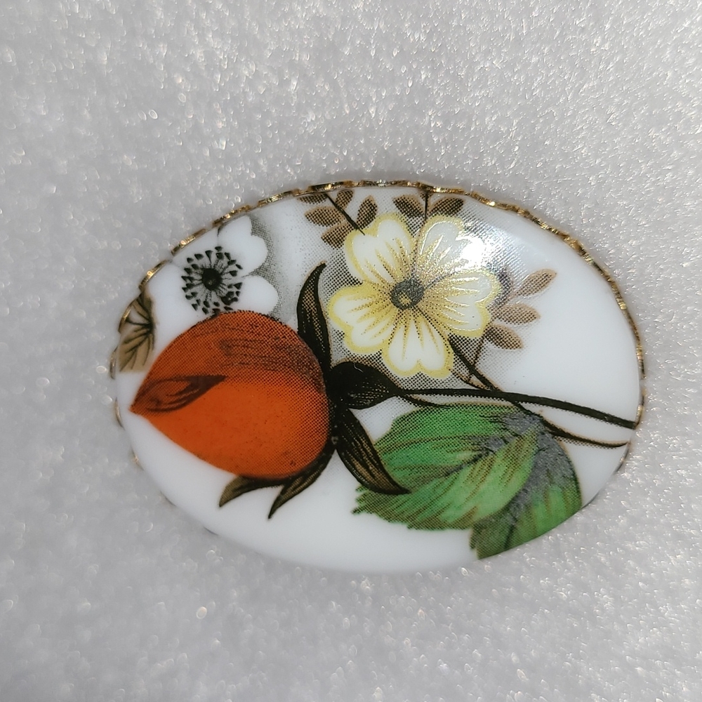 Vintage Porcelain Oval Cameo Brooch Pin with Red Rose & Yellow Flower Gold Trim